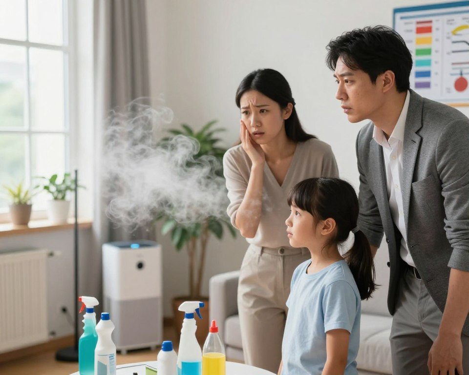 An indoor environment illustrating air quality concerns, with a focus on vulnerable populations. In the foreground, a concerned family—parents in professional attire and a child—examining a visible cloud of faint chemical fumes in the air, representing cleaning product emissions. The middle ground features household items like cleaning products, plants, and air purifiers. Soft, natural light filters in through a window, enhancing the sense of concern and urgency. In the background, a wall chart depicting air quality metrics and health statistics subtly informs the viewer. The mood is tense yet informative, with a sense of awareness about chemical exposure and its impact on health. The angle is slightly overhead, capturing the entire scene's dynamics without overcrowding. An indoor environment illustrating air quality concerns, with a focus on vulnerable populations. In the foreground, a concerned family—parents in professional attire and a child—examining a visible cloud of faint chemical fumes in the air, representing cleaning product emissions. The middle ground features household items like cleaning products, plants, and air purifiers. Soft, natural light filters in through a window, enhancing the sense of concern and urgency. In the background, a wall chart depicting air quality metrics and health statistics subtly informs the viewer. The mood is tense yet informative, with a sense of awareness about chemical exposure and its impact on health. The angle is slightly overhead, capturing the entire scene's dynamics without overcrowding.