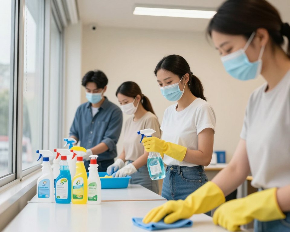 An indoor scene depicting safe cleaning practices in a windowless room. In the foreground, a diverse group of three professionals, dressed in smart casual outfits, is shown demonstrating proper cleaning techniques. One person is using a microfiber cloth to clean surfaces, another is using a spray bottle with natural cleaning solutions, and the third is wearing gloves and a mask for protection. In the middle ground, organized cleaning supplies are neatly placed on a table, including eco-friendly products and ventilation fans. The background features beige walls and bright fluorescent lighting, creating a clean and safe atmosphere. The mood is proactive and professional, emphasizing health and safety while maintaining an inviting, tidy environment. The image should have a slight depth of field, focusing on the people and their actions.