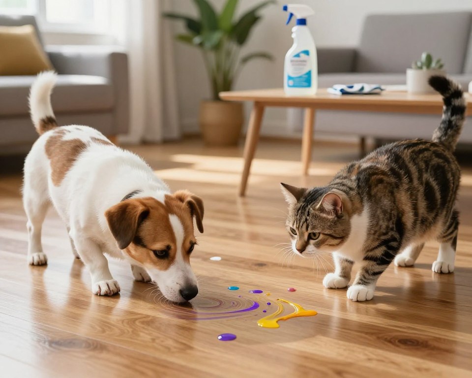 An indoor scene showcasing a clean, modern living space with polished hardwood floors reflecting natural sunlight. In the foreground, a playful dog and a curious cat sniff the ground, their expressions showing concern yet curiosity. Scattered around them are visible traces of cleaning product residues, represented as subtle streaks and droplets, in vibrant colors that hint at harsh chemicals. In the middle ground, a bottle of cleaning solution sits on a nearby table, partially open, with its label facing towards the viewer. The background features cozy furniture and potted plants, creating a safe and inviting atmosphere. Soft, diffused lighting enhances the warmth of the scene, suggesting a homey environment. The overall mood conveys a sense of inquiry and caution regarding the safety of pets in relation to cleaning product residues. An indoor scene showcasing a clean, modern living space with polished hardwood floors reflecting natural sunlight. In the foreground, a playful dog and a curious cat sniff the ground, their expressions showing concern yet curiosity. Scattered around them are visible traces of cleaning product residues, represented as subtle streaks and droplets, in vibrant colors that hint at harsh chemicals. In the middle ground, a bottle of cleaning solution sits on a nearby table, partially open, with its label facing towards the viewer. The background features cozy furniture and potted plants, creating a safe and inviting atmosphere. Soft, diffused lighting enhances the warmth of the scene, suggesting a homey environment. The overall mood conveys a sense of inquiry and caution regarding the safety of pets in relation to cleaning product residues.