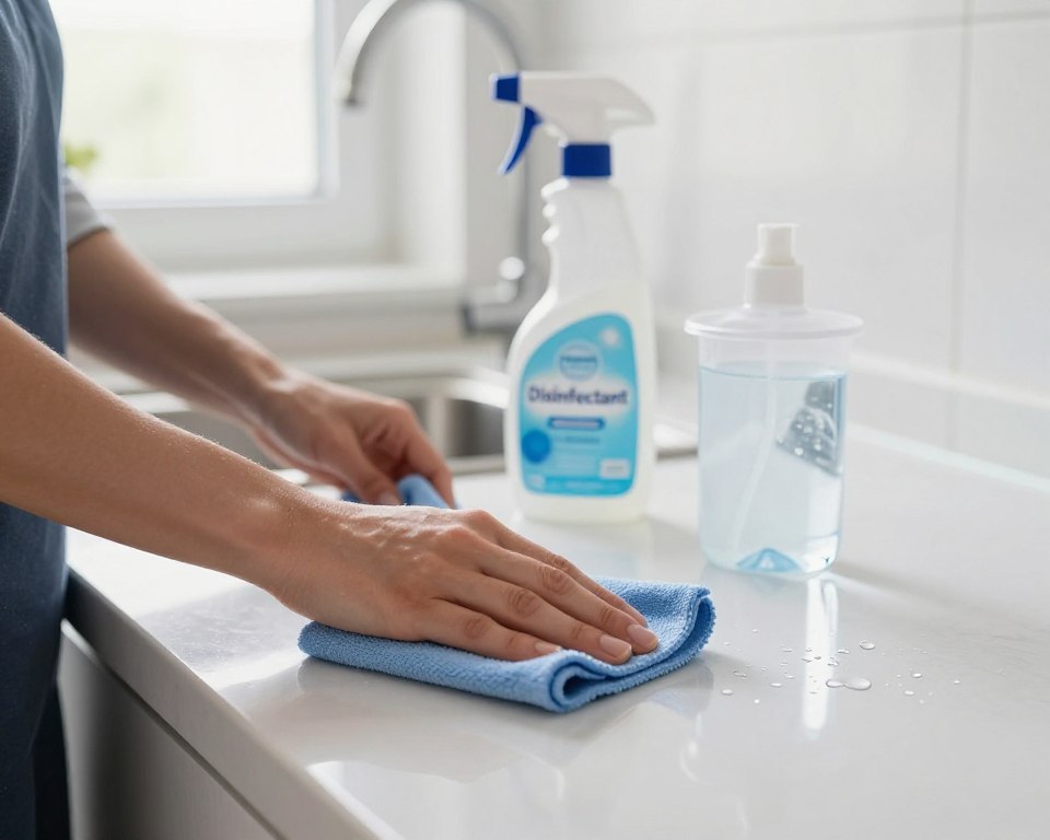An indoor setting featuring a well-lit kitchen countertop, primarily focusing on the process of disinfectant residue removal. In the foreground, a pair of hands in professional business attire are seen using a microfiber cloth to wipe a shiny surface, with visible droplets of disinfectant spray nearby. In the middle background, a clean spray bottle labeled "Disinfectant" sits next to a container of clear water for rinsing, showcasing the potential health risks of chemical residue. Soft, diffused natural light streaming through a window enhances the cleanliness and sterility of the environment. The mood is focused and professional, emphasizing safety and health in domestic spaces. The image captures the importance of thorough cleaning without any human faces visible, maintaining anonymity while highlighting the action.