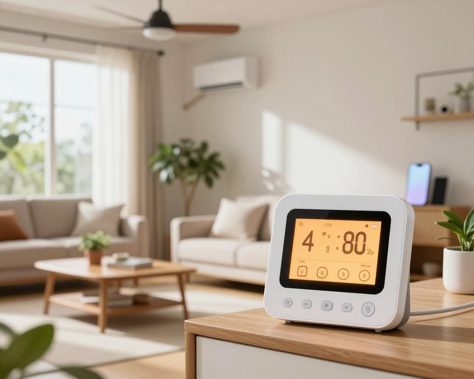 An inviting indoor setting meant for monitoring air quality. In the foreground, a modern air quality monitor displays various metrics on its digital screen, glowing softly in a warm hue. The middle layer features a comfortable living room with potted plants and a tidy coffee table. Natural sunlight pours in through large windows, illuminating the space and creating a serene atmosphere. In the background, subtle hints of technology—a ceiling fan, an air purifier, and a smartphone connected to a smart home ecosystem—add depth. The entire scene conveys a sense of calm and attentiveness to air quality, suggesting a safe and clean environment perfect for relaxation and sleep. The lighting is bright yet soft, enhancing the cozy ambiance without being harsh. An inviting indoor setting meant for monitoring air quality. In the foreground, a modern air quality monitor displays various metrics on its digital screen, glowing softly in a warm hue. The middle layer features a comfortable living room with potted plants and a tidy coffee table. Natural sunlight pours in through large windows, illuminating the space and creating a serene atmosphere. In the background, subtle hints of technology—a ceiling fan, an air purifier, and a smartphone connected to a smart home ecosystem—add depth. The entire scene conveys a sense of calm and attentiveness to air quality, suggesting a safe and clean environment perfect for relaxation and sleep. The lighting is bright yet soft, enhancing the cozy ambiance without being harsh.