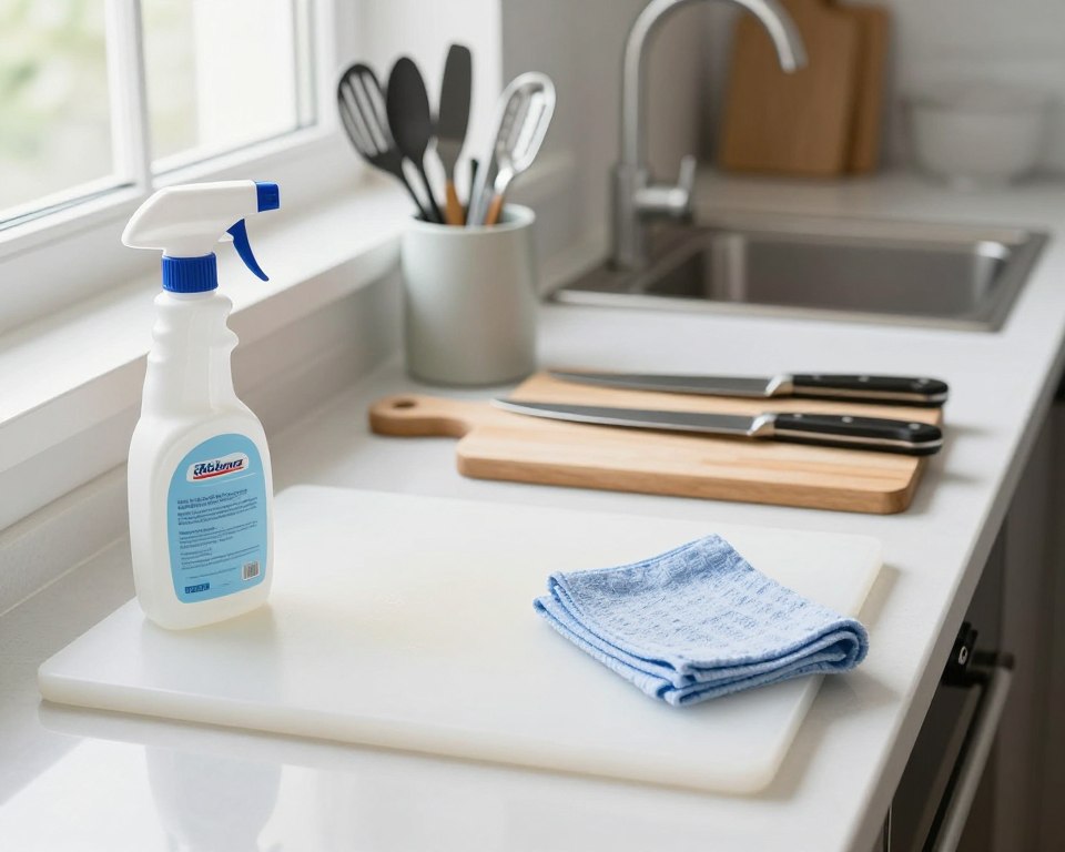 An organized kitchen scene focused on surface sanitization practices. In the foreground, a clean food contact surface, such as a cutting board, is shown with a disinfectant spray bottle and a microfiber cloth placed nearby. The middle layer features various kitchen utensils, including knives and cutting boards, neatly arranged to emphasize a sanitized environment. The background displays a softly lit countertop, with a window allowing natural light to flood in, creating a bright and inviting atmosphere. The image conveys a sense of cleanliness and safety, designed to highlight proper disinfection protocols for food contact surfaces. Use a wide-angle perspective to capture the entire setup, ensuring clarity and detail in each element.
