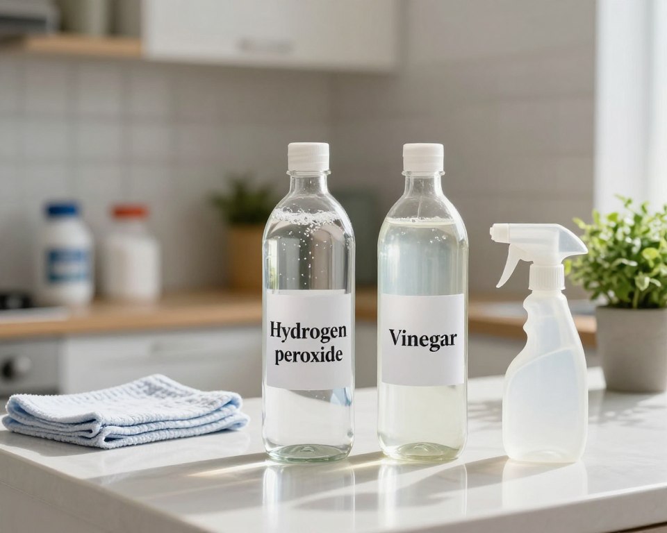 In a well-lit kitchen setting, prominently feature two clear glass bottles labeled "Hydrogen Peroxide" and "Vinegar." The bottles should have visible liquid contents, showcasing the distinct bubbles of hydrogen peroxide and the slightly clouded appearance of vinegar. In the foreground, place a small, clean spray bottle designed for cleaning applications, made of recycled plastic. The middle ground includes a shiny kitchen counter with soft reflections, suggesting cleanliness, and a few natural cleaning supplies like a microfiber cloth and a small potted plant for a fresh touch. In the background, softly blurred shelves with baking soda and other environmentally friendly products maintain a cohesive, organized ambiance. The lighting should be bright and natural, casting gentle shadows and creating an inviting atmosphere, emphasizing the theme of effective home cleaning solutions. In a well-lit kitchen setting, prominently feature two clear glass bottles labeled "Hydrogen Peroxide" and "Vinegar." The bottles should have visible liquid contents, showcasing the distinct bubbles of hydrogen peroxide and the slightly clouded appearance of vinegar. In the foreground, place a small, clean spray bottle designed for cleaning applications, made of recycled plastic. The middle ground includes a shiny kitchen counter with soft reflections, suggesting cleanliness, and a few natural cleaning supplies like a microfiber cloth and a small potted plant for a fresh touch. In the background, softly blurred shelves with baking soda and other environmentally friendly products maintain a cohesive, organized ambiance. The lighting should be bright and natural, casting gentle shadows and creating an inviting atmosphere, emphasizing the theme of effective home cleaning solutions.